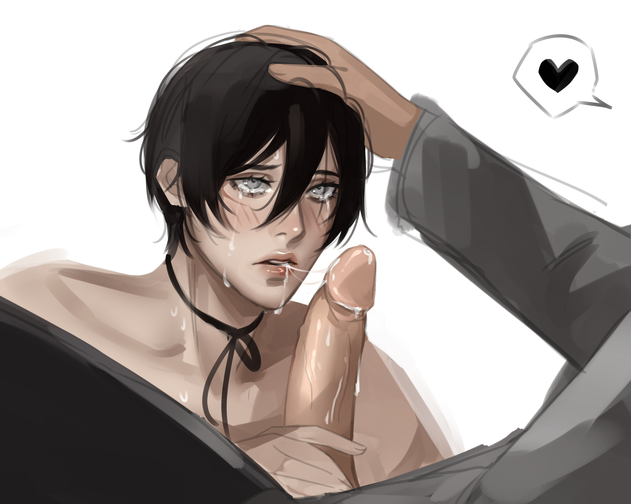 1girls, after oral, attack on titan, black eyes, black hair, blowjob, cum, cum in mouth, cum string, eye contact, faceless male, female, fringe, grey eyes, light skin, light-skinned female, male, mikasa ackerman, nxngona, oral, pale skin, pale-skinned female, penis, petite, shingeki no kyojin, short hair, tears, unseen male face