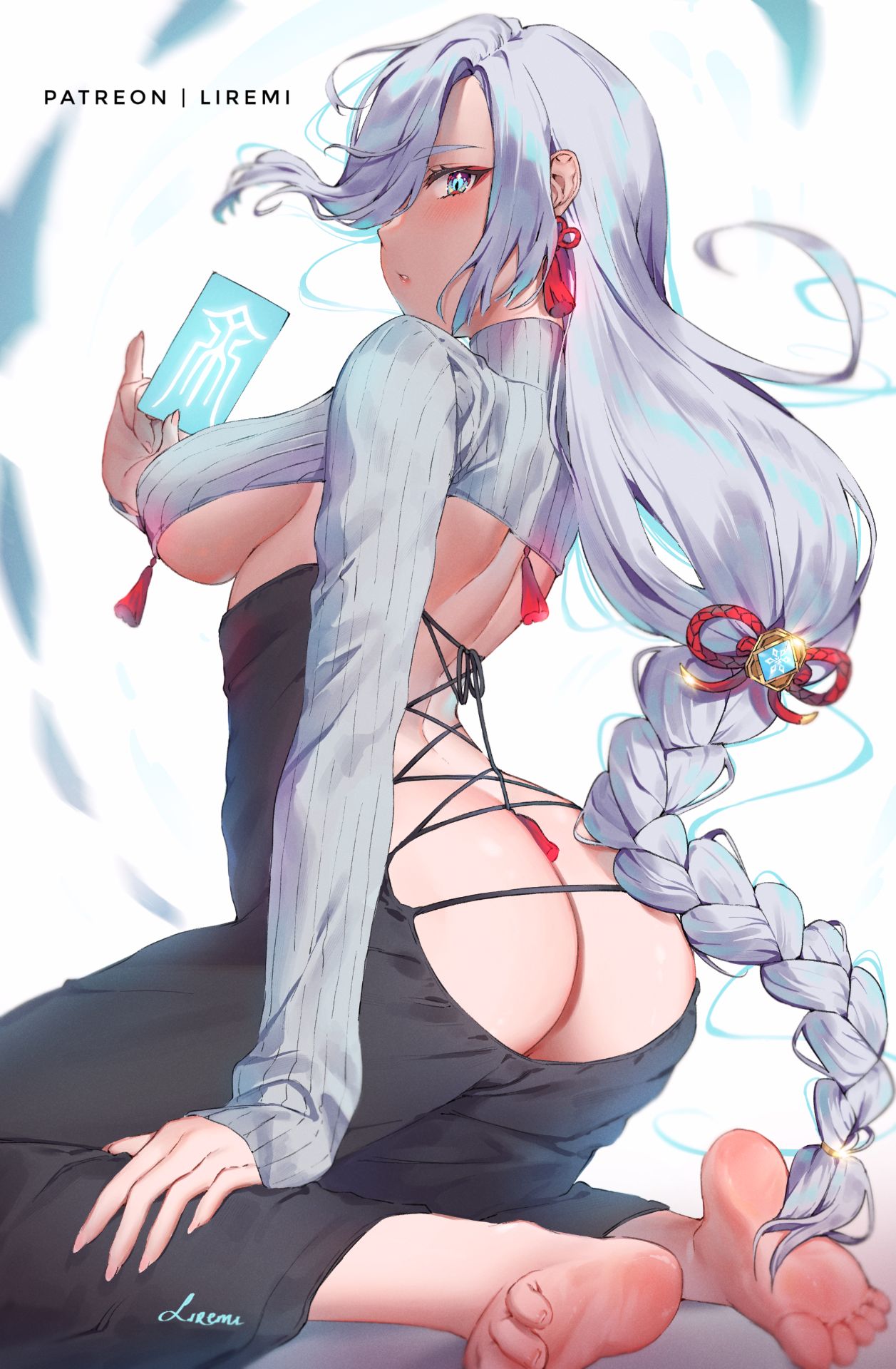 1girls, 2022, ass, ass focus, back, back view, backless outfit, barefoot, blue eyes, blush, braided hair, breasts, clothed, clothed female, feet, female, female only, genshin impact, hair ornament, hair over one eye, holding object, kneeling, large ass, large breasts, liremi, looking at viewer, looking back, shenhe (genshin impact), sideboob, simple background, soles, toes, underboob, white hair