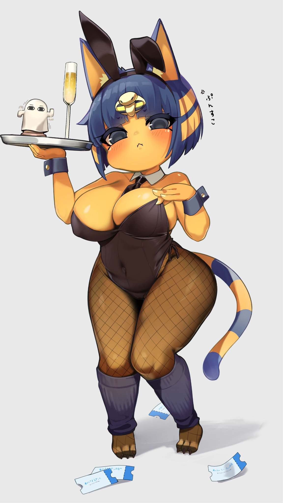 1girls 2022 animal_crossing ankha ankha_(animal_crossing) big_breasts blush breasts bunnysuit cleavage doubutsu_no_mori feline female furry japanese_text jovejun nairu nairu_(doubutsu_no_mori) nintendo thick_thighs thighs translation_request waitress wide_hips