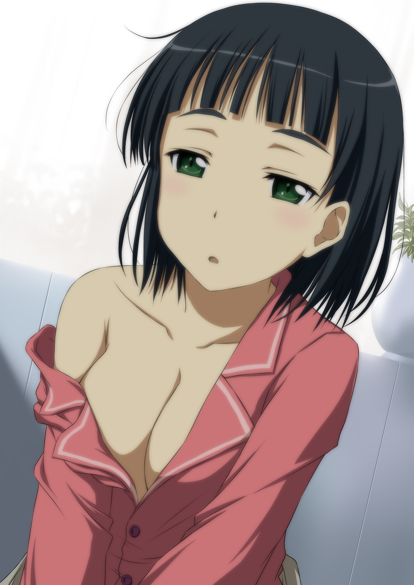 1girls, artist request, breasts, female, female only, kirigaya suguha, kneeling, kneeling on bed, pajamas, sleepy, solo, sword art online, waking up