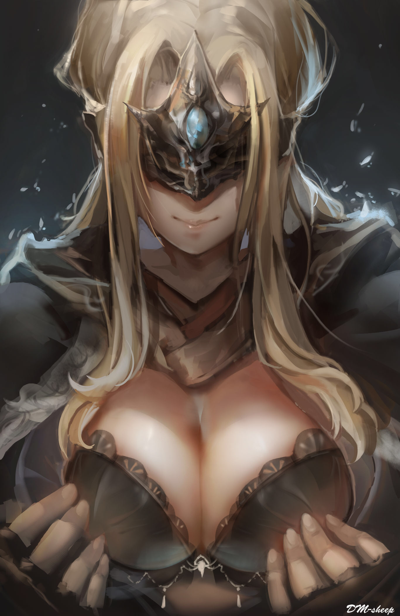 alternate version available, big breasts, black bra, blindfold, blonde hair, bra, breasts, cleavage, dark souls, dark souls 3, dm-sheep, female, female only, fire keeper, fromsoftware, lace-trimmed bra, long hair, mask, open clothes, painting (artwork), smile, solo, upper body