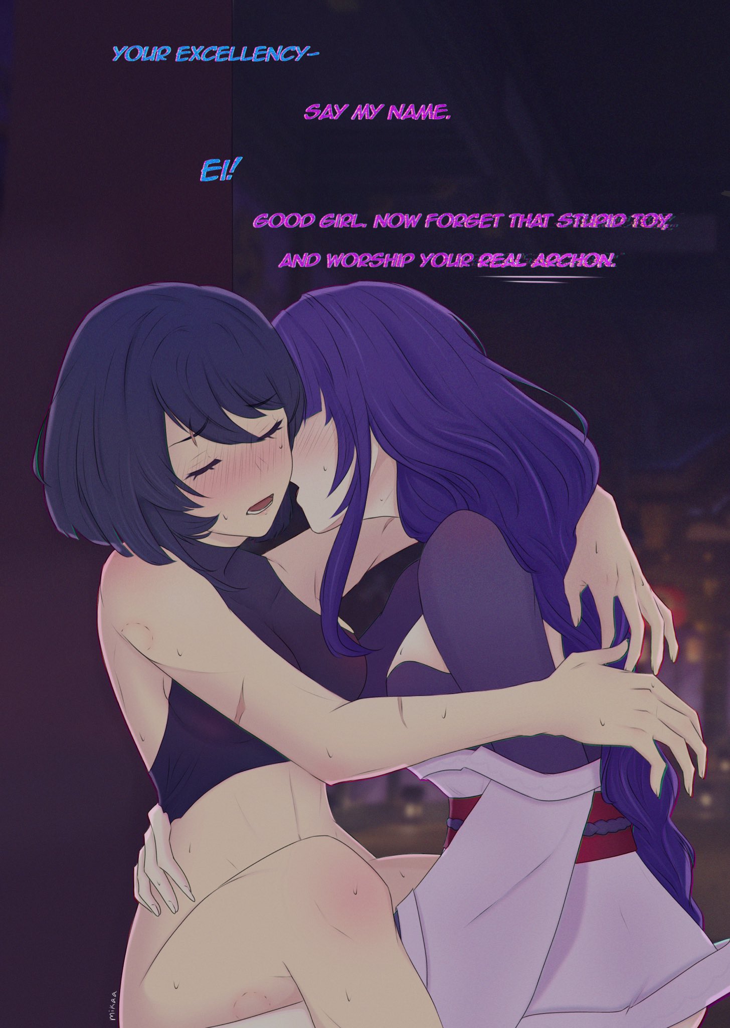 2girls, bite marks, biting, blush, bottomless, braided hair, closed eyes, dialogue, embrace, female, female focus, female only, femdom, femsub, fingering, genshin impact, indigo hair, kujou sara, lesbian sex, long hair, praise, purple hair, pussy, raiden shogun, scars, short hair, sweat, sweating, vaginal penetration, worship, worshiping, yuri