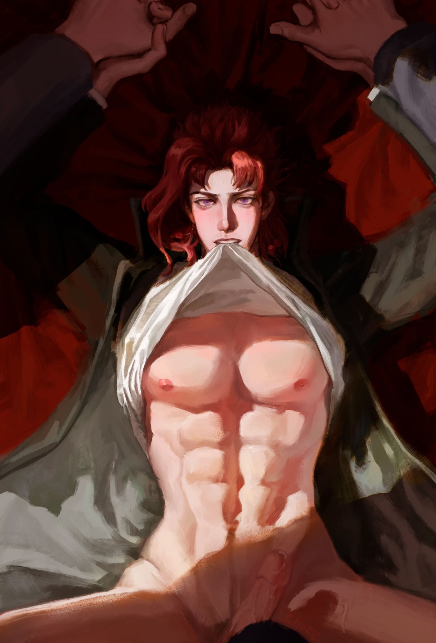 1boy, 2boys, biting clothes, choey qiuyu, gay, holding hands, jojo's bizarre adventure, jotaro kujo, male, male focus, male nipples, male only, male pov, male/male, muscular, muscular male, nipples, noriaki kakyoin, pecs, red hair, stardust crusaders, tagme, yaoi