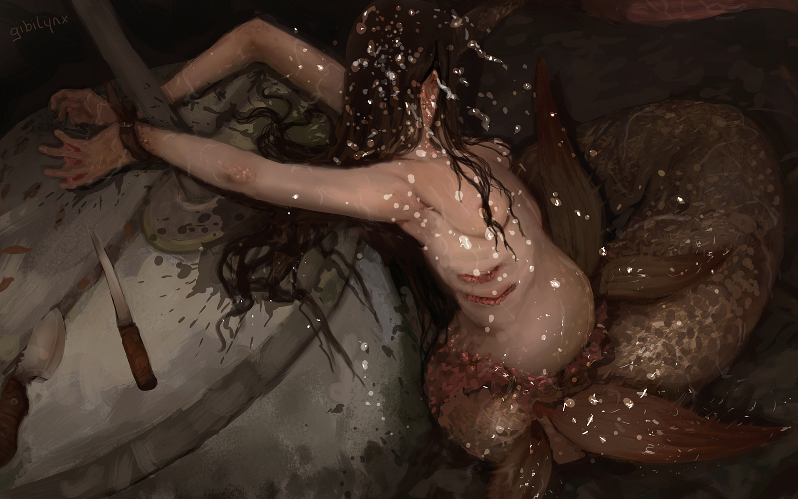 arms behind back, bondage, bound wrists, breasts, brown hair, dark hair, female, female only, gibilynx, gills, long hair, merfolk, mermaid, monster girl, original, painting, painting (artwork), pregnant, restrained, small breasts, solo, torture, water, webbed hands