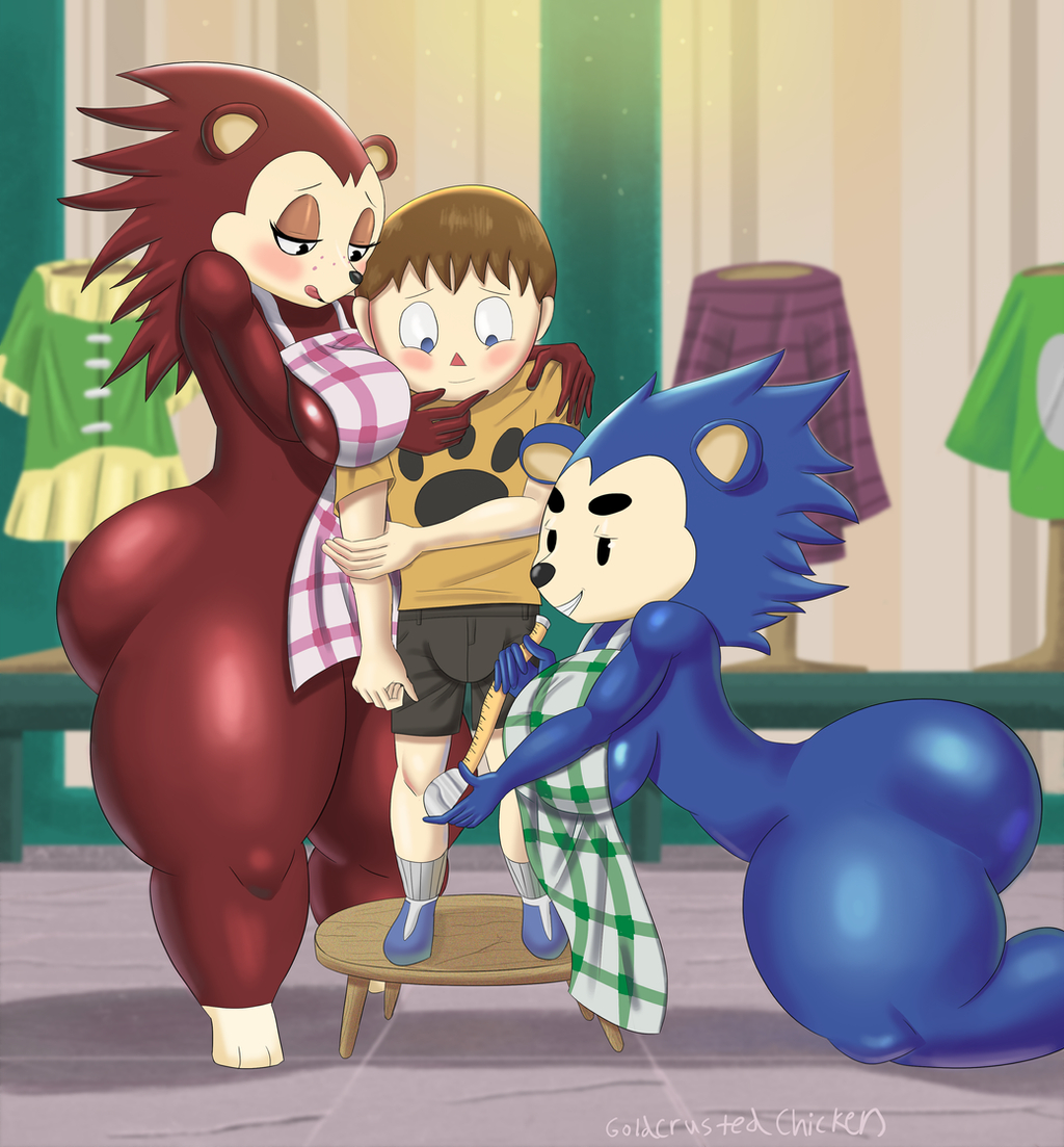 1boy 2girls able_sisters animal_crossing animal_crossing_boy anthro anthro_female apron ass big_ass big_breasts big_butt big_thighs bigger_female blue_body blue_fur blush breasts brown_body brown_fur bubble_ass bubble_butt bulge butt clothed clothing curvy curvy_female detailed_background duo_female eulipotyphlan female female/female/male female/male/female female_anthro fur goldcrustedchicken group half-closed_eyes hedgehog human human_male human_on_anthro interspecies larger_female licking_lips light-skinned_male light_brown_hair light_skin mabel_able male male/female/female male_human male_human/female_anthro mammal nintendo open_mouth open_smile partially_clothed plaid_apron sable_able sibling sister sisters size_difference smaller_male smile sole_male teasing thick thick_ass thick_butt thick_hips thick_thighs thighs tongue tongue_out trio video_games villager_(animal_crossing) wide_hips