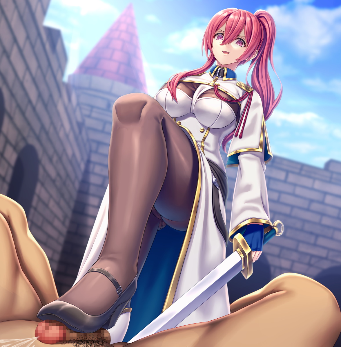 1boy, asisuki, clothed female nude male, cum, cumshot, female, femdom, foot fetish, high heels, male, mary janes, penis, shoejob, shoes, stepped on, stepping on penis, stockings, trample