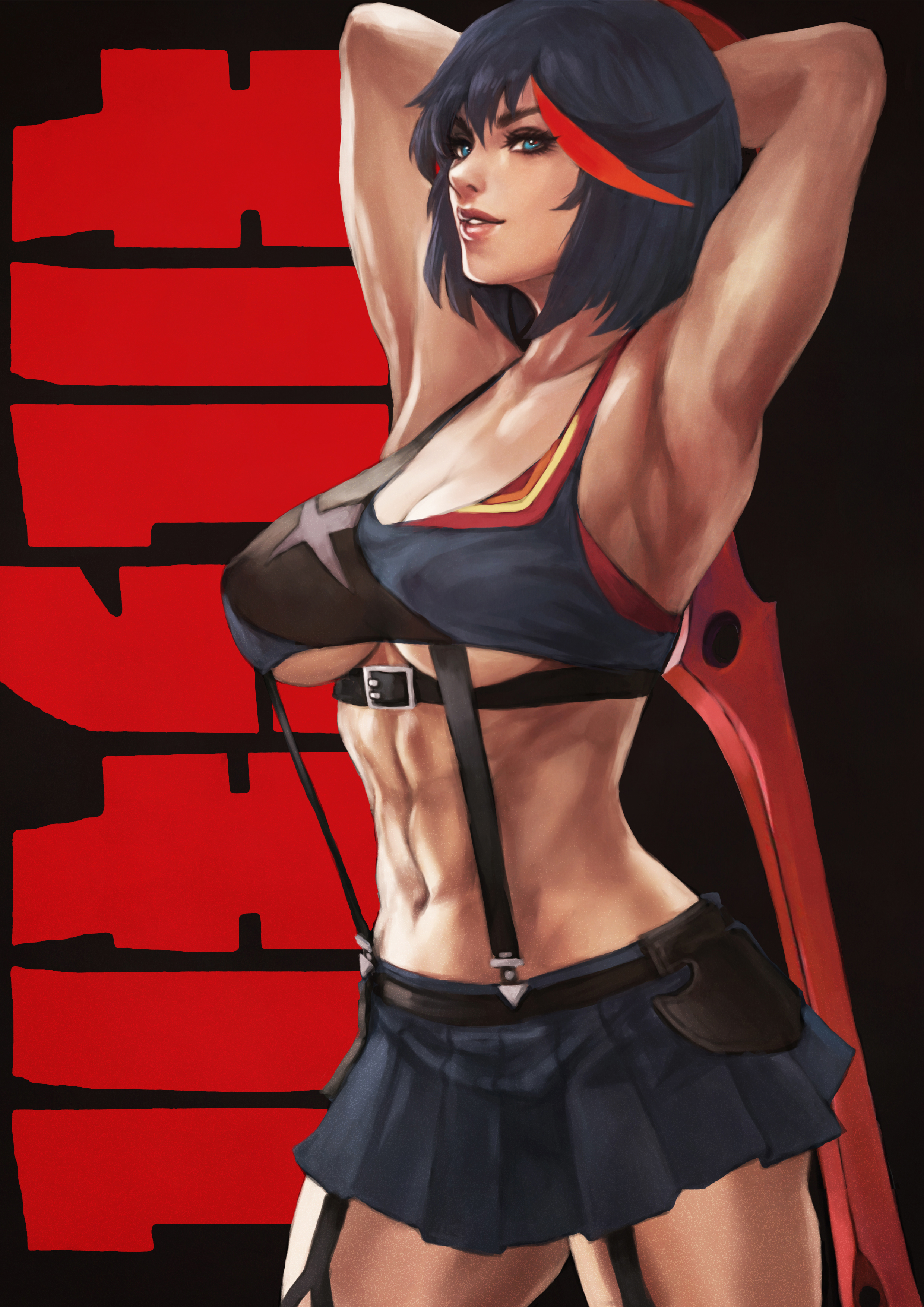 1girls, abs, armpits, arms up, breasts, cleavage, clothed, clothed female, clothes, clothing, female, female only, fully clothed, holding weapon, kill la kill, matoi ryuuko, midriff, monorirogue, muscular, muscular female, navel, scissor blade, senketsu, short skirt, skimpy, skimpy clothes, solo, streaked hair, tomboy, toned, toned female