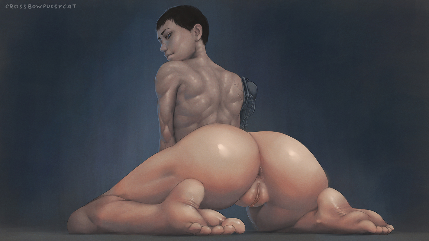 1girls, 2d, anus, apulaz, ass, barefoot, big ass, black hair, blue eyes, catherine-b320, completely nude, crossbowpussycat, feet, female, female spartan (halo), from behind, halo (series), halo reach, kat-b320, looking back, mechanical arm, muscular, muscular back, muscular female, nude, prosthetic, prosthetic arm, pussy, scar, short hair, soles, solo, spartan (halo), spartan iii (halo), toes, tomboy, very short hair