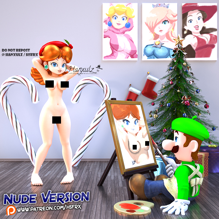 1:1_aspect_ratio 1boy 3d 4girls arm_behind_head artist_name bangs barefoot beret blonde_hair blue_eyes blue_overalls blue_skirt box breasts brown_hair brown_shoes brush candy candy_cane cat_peach catsuit censor_bar censored censored_breasts censored_nipples censored_vagina christmas christmas_ornaments christmas_stocking christmas_tree cleavage clothing couple crown earrings eyelashes eyeshadow facial_hair feet female food gift gift_box gloves green_beret green_headwear green_shirt grin hair_over_one_eye hat headwear hsfrx jewelry lipstick long_hair luigi makeup male mario_(series) mario_kart mario_kart_tour moustache multiple_girls nintendo nude paint paintbrush painted_toenails painting pauline photo_(object) pose princess_daisy princess_peach princess_rosalina red_skirt seductive_look seductive_pose seductive_smile shirt sitting skirt smile standing straight super_mario_3d_world toenails toes tomboy