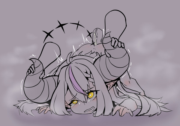 against surface, ahe gao, all fours, disembodied hand, disembodied penis, female, fucked silly, heart-shaped pupils, hololive, hololive japan, holox, horn grab, horns, la+ darknesss, long ears, long hair, male, moral cacoethes, penis, smaller female, virtual youtuber, yellow eyes