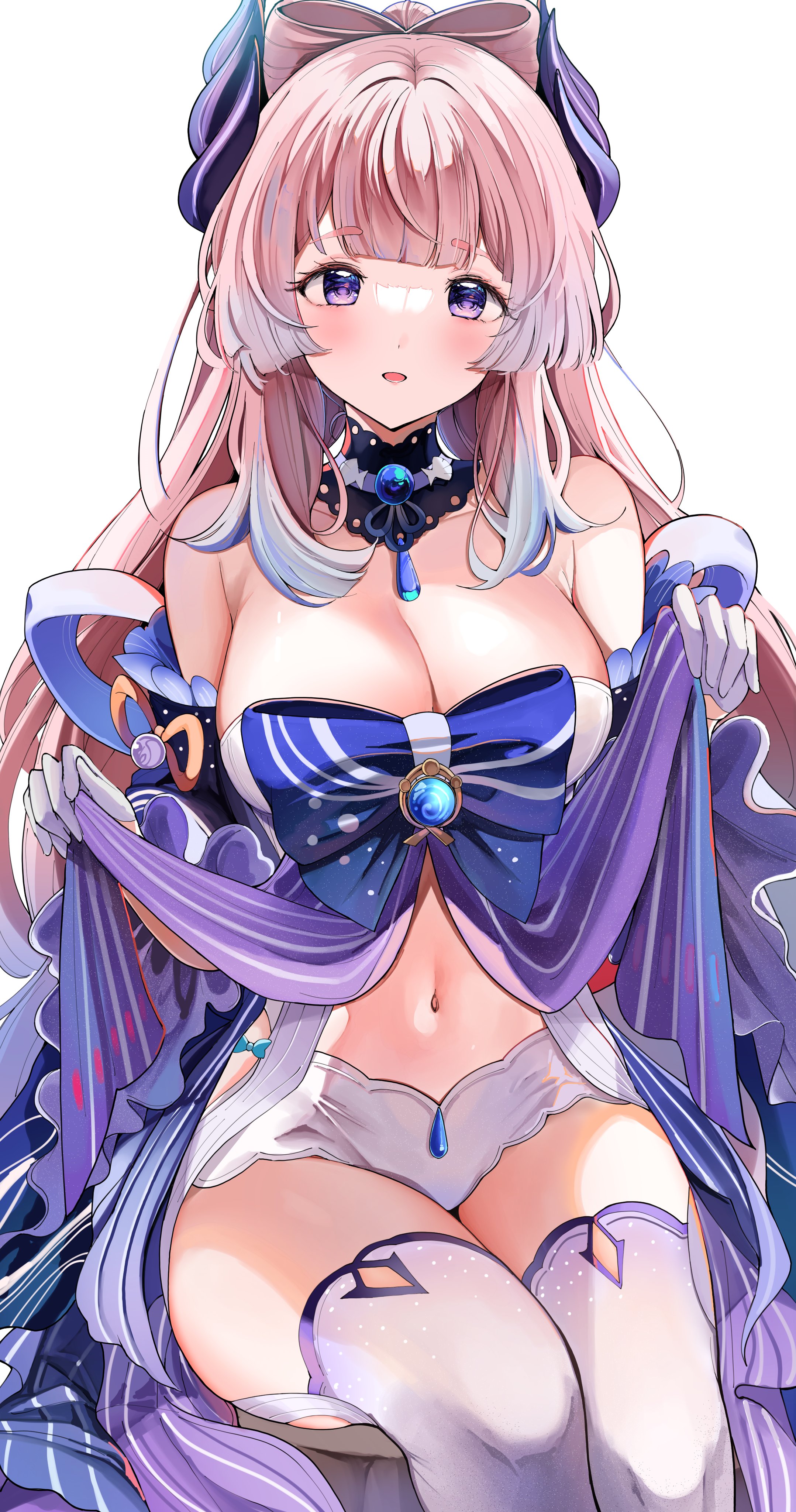absurdres, alternate breast size, bangs, bare shoulders, belly, big breasts, blue eyes, blue hair, blush, breasts, cleavage, detached collar, female, genshin impact, gloves, gradient hair, highres, hourglass figure, huge breasts, large breasts, lifting skirt, long hair, looking at viewer, midriff, multicolored hair, open mouth, pink hair, ponytail, purple eyes, sak (lemondisk), sangonomiya kokomi, shorts, smile, solo, thick thighs, thighhighs, thighs, voluptuous, white gloves, white legwear, white shorts, wide sleeves
