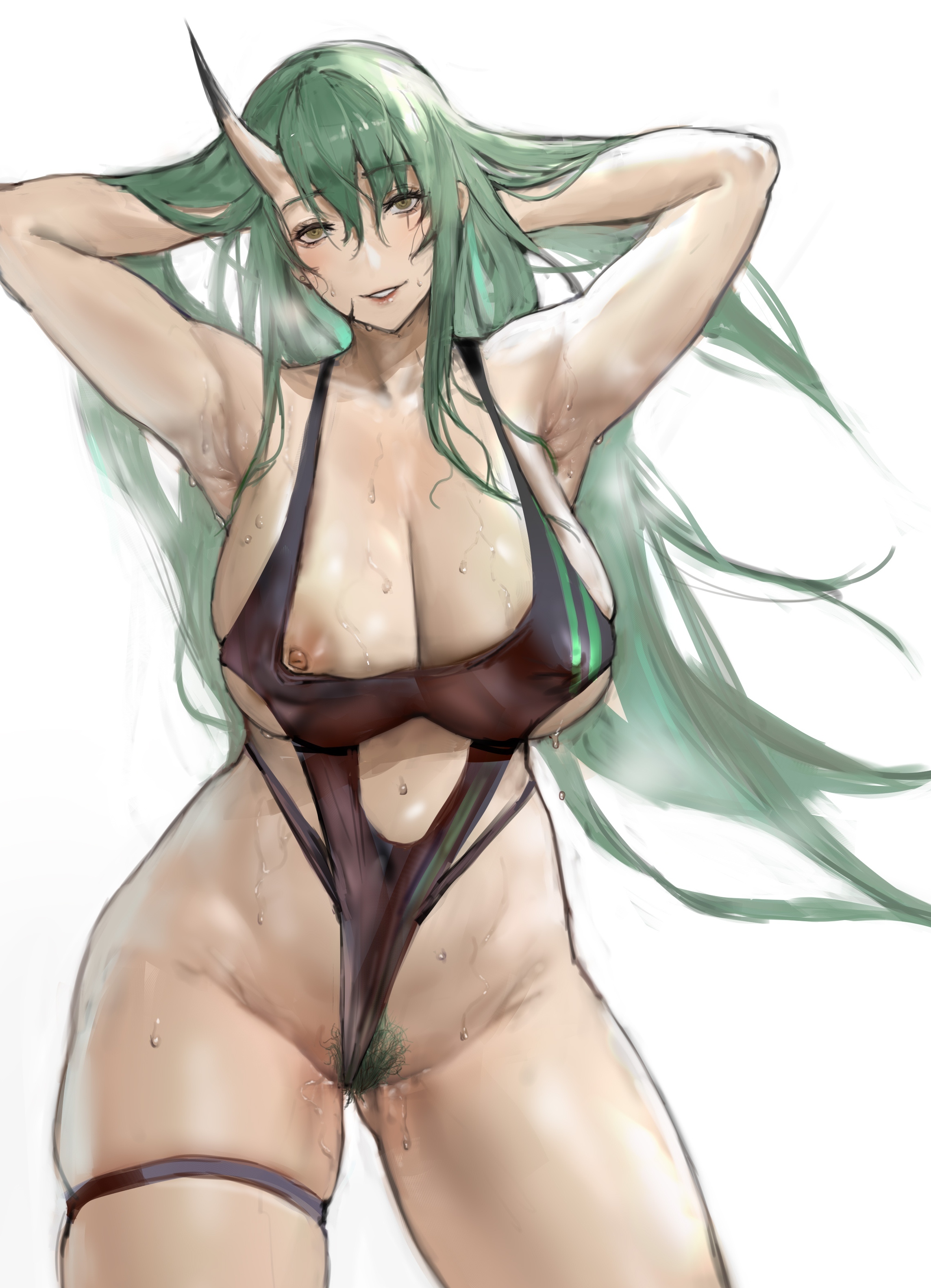 1girls, 2022, areola slip, arknights, armpits, arms up, boingoo, breasts, female, female focus, female only, green hair, horn, hoshiguma (arknights), looking at viewer, nipple bulge, nipple slip, pubic hair, simple background, solo, solo female, standing, swimsuit, swimwear, white background