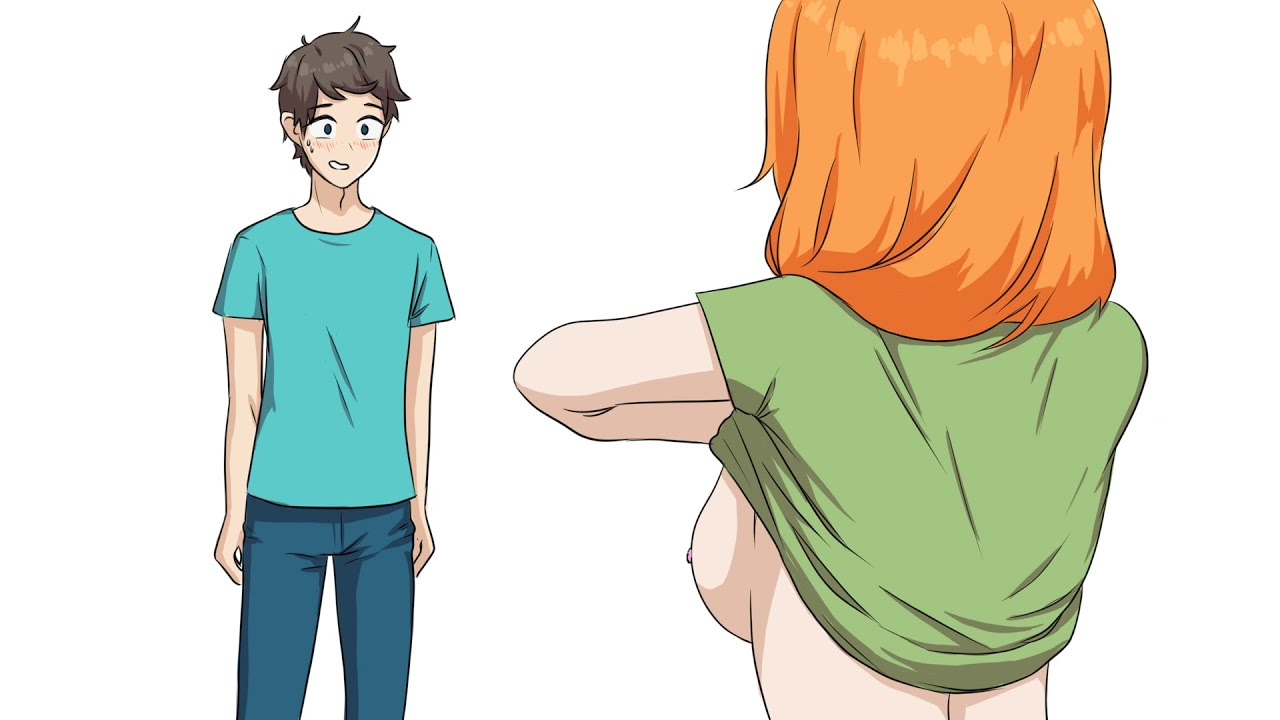1boy, 1girls, alex (minecraft), breasts, breasts out, brown hair, clothed, cyan shirt, edit, fashik, female, green shirt, male, minecraft, orange hair, revealing breasts, shirt lift, steve (minecraft)