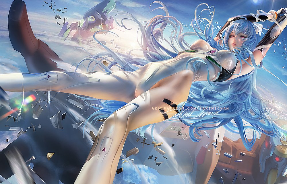 1girls, blue hair, blue sky, bodysuit, breasts, clothing, detailed, detailed background, female, female focus, female only, floating, human, light skin, light-skinned female, long hair, looking at viewer, mecha, medium breasts, neon genesis evangelion, pale skin, pale-skinned female, pilot suit, pink eyes, plugsuit, realistic, rebuild of evangelion, rei ayanami, sakimichan, skinny female, sky, thick thighs, watermark, white bodysuit