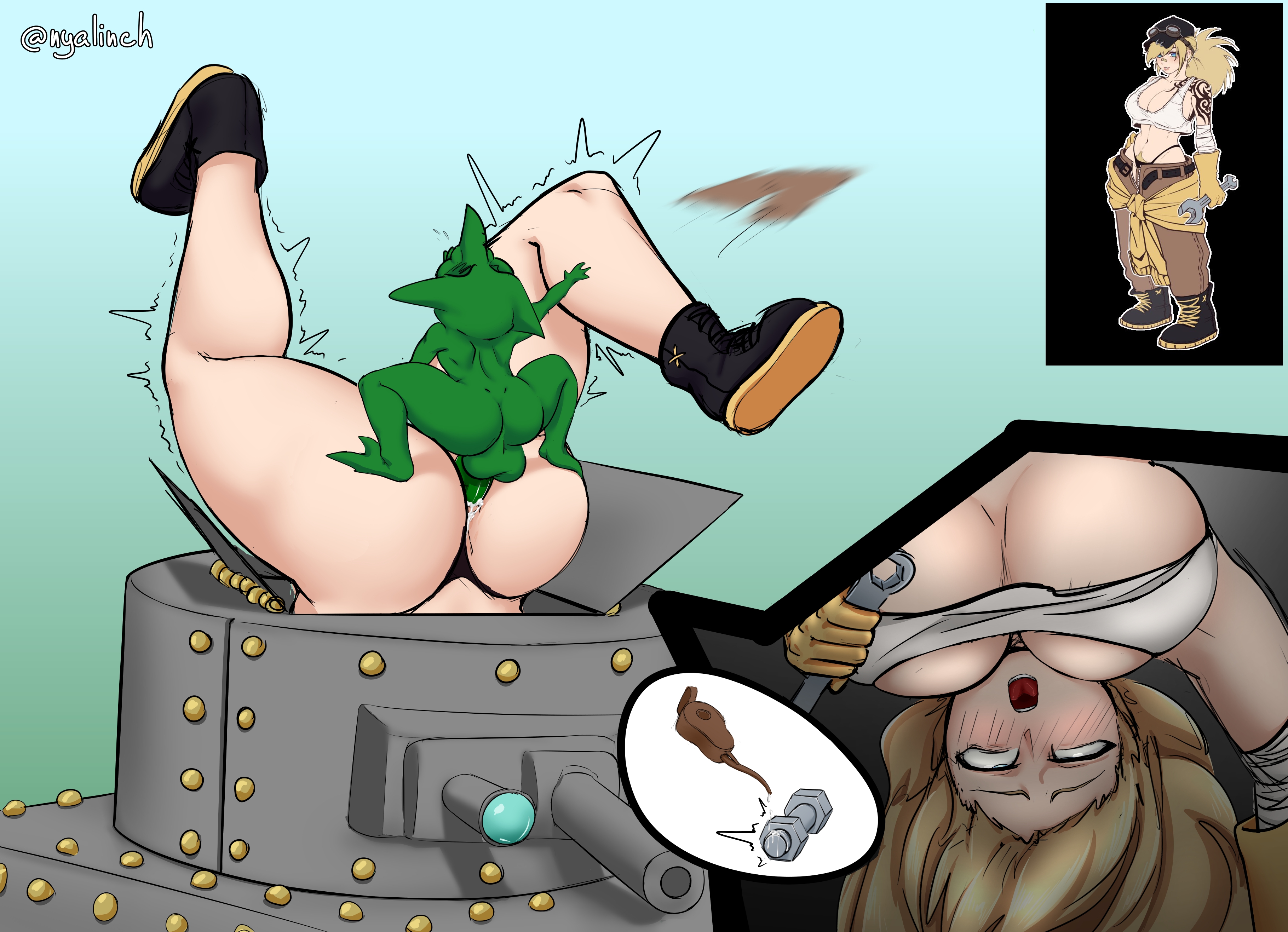 anal, anal sex, ass, big ass, big breasts, black thong, blonde hair, breasts, cum, cum in ass, cum inside, dubious consent, endured face, female, goblin, goblin male, green skin, huge ass, huge breasts, larger female, lexi (kaiodx18), light blue eyes, light skin, light-skinned female, male, mating press, mechanic, mechanical, meowlinch, original, original character, panties, panties aside, removing pants, size difference, small dom big sub, smaller male, stuck, stuck in object, tank, tank interior, tank top, thong, thong aside, uncensored, underwear, wrench