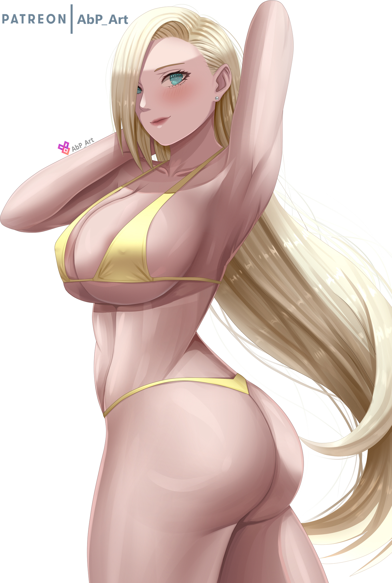abp art, alternate breast size, aqua eyes, arm behind head, armpits, arms up, ass, big ass, big breasts, bikini, blonde hair, blue eyes, blush, breasts, earrings, female, female only, golden bikini, hair over one eye, huge ass, huge breasts, ino yamanaka, light blue eyes, lipstick, looking at viewer, looking to the side, makeup, micro bikini, naruto, naruto (series), naruto shippuden, naruto: the last, revealing swimsuit, side view, sideboob, skimpy, skimpy bikini, small bikini, solo, solo focus, swimsuit, very long hair, voluptuous, walking