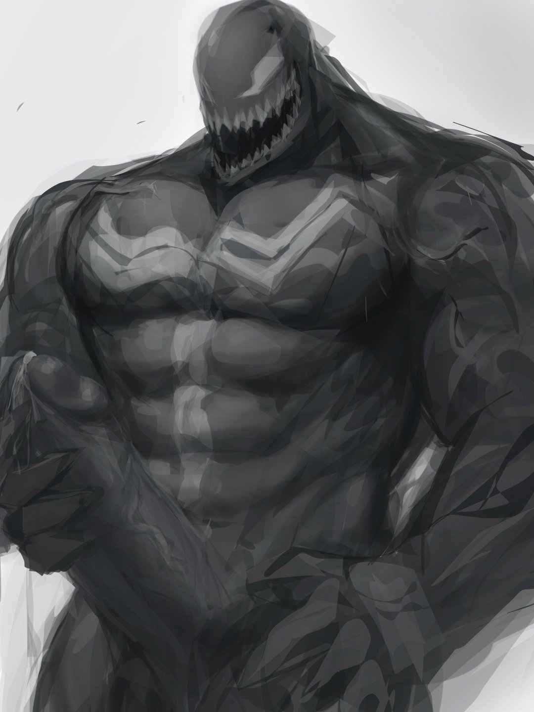 1boy, alien, anmei ftnn, dick, erection, handjob, humanoid, male, male only, marvel, marvel comics, muscular, muscular male, penis, smooth skin, solo, solo focus, venom, venom (marvel)