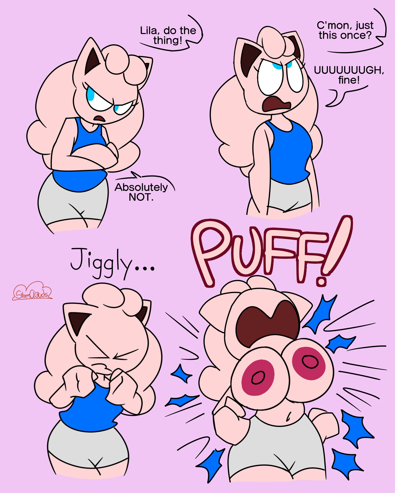 anthro, big breasts, breast expansion, breast growth, breast growth (enlargement), breasts, cailila (stormcloudsart), controlled breast expansion, dialogue, female, female only, jigglypuff, pokemon, pokemon (species), stormcloudsart, tagme, unwilling, wardrobe malfunction