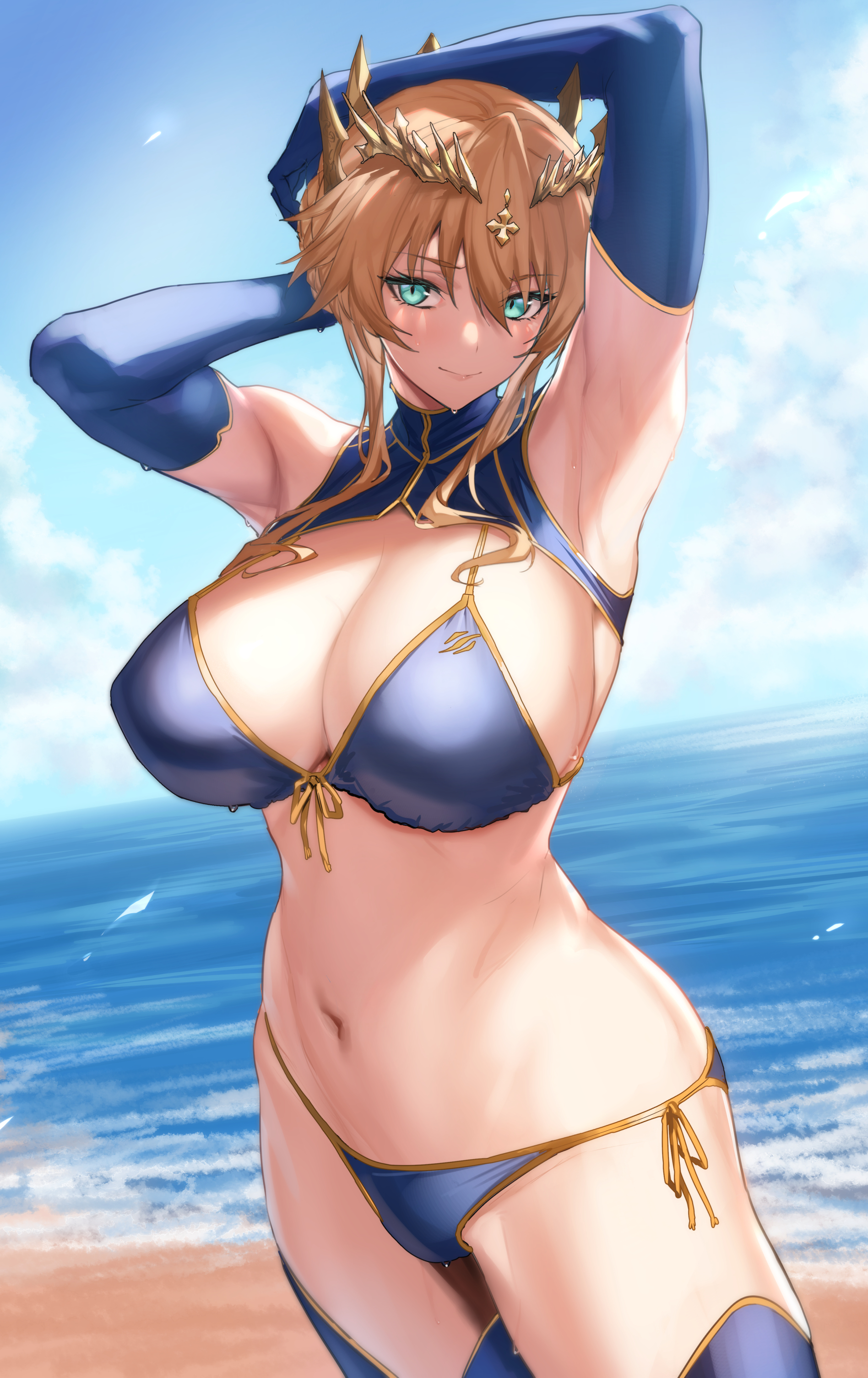 1girls, alternate version available, armpits, artoria pendragon, artoria pendragon (lancer), ass, barefoot, beach, big ass, big breasts, bikini, blonde hair, blue bikini, blue eyes, blue sky, breasts, crown, fate (series), fate/grand order, female, female only, gloves, hand behind head, hand on head, hourglass figure, huge ass, huge breasts, large ass, large breasts, light skin, light-skinned female, looking at viewer, midriff, presenting armpit, public, showing armpits, sky, smile, smirk, solo, stomach, taller female, thick thighs, thighhighs, ulrich (tagaragakuin), voluptuous