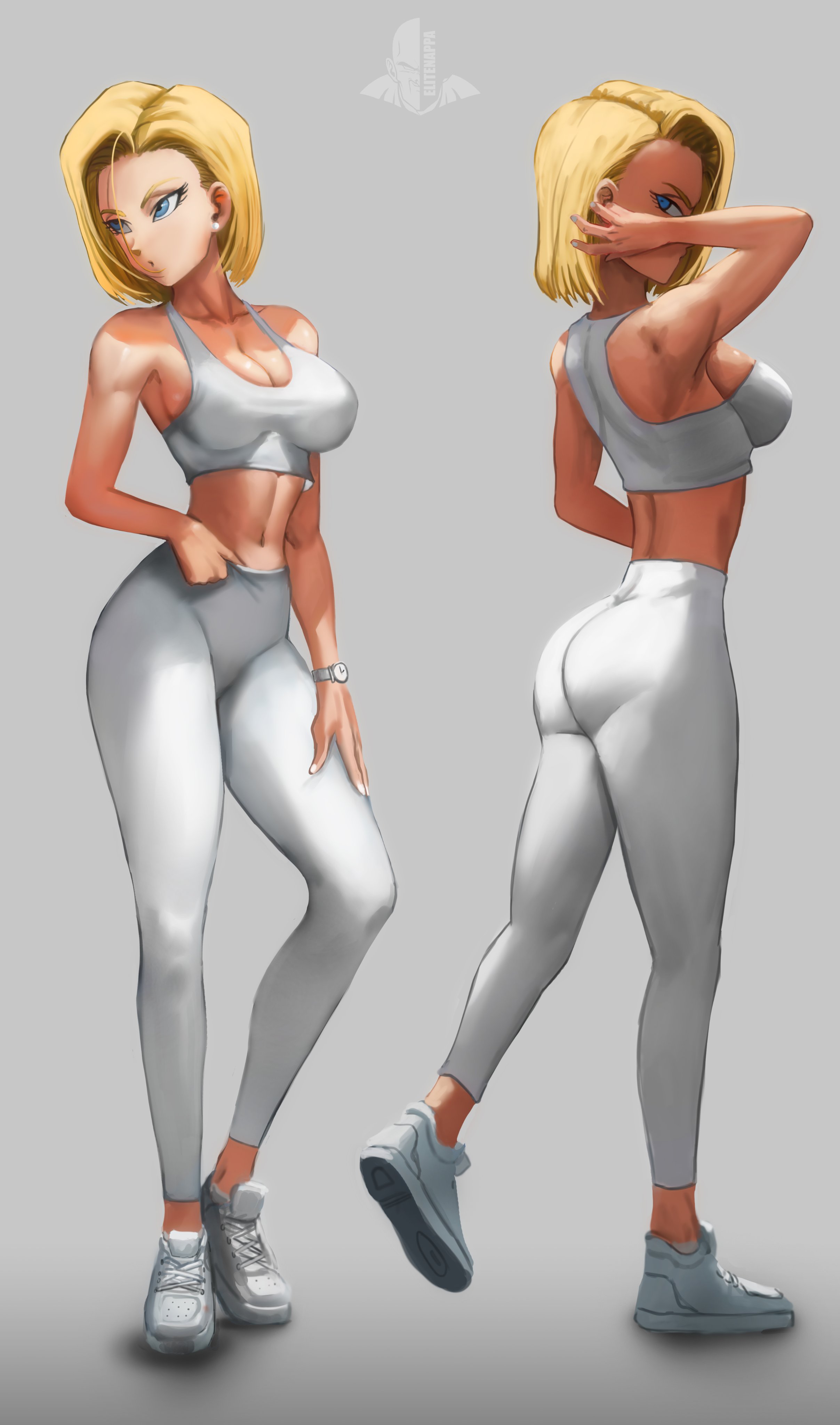 abs, android 18, ass, big ass, big breasts, blonde hair, blue eyes, breasts, clothing, dragon ball, dragon ball super, dragon ball z, elitenappa, female, leggings, long legs, muscular, muscular female, sports bra, sportswear, thick thighs