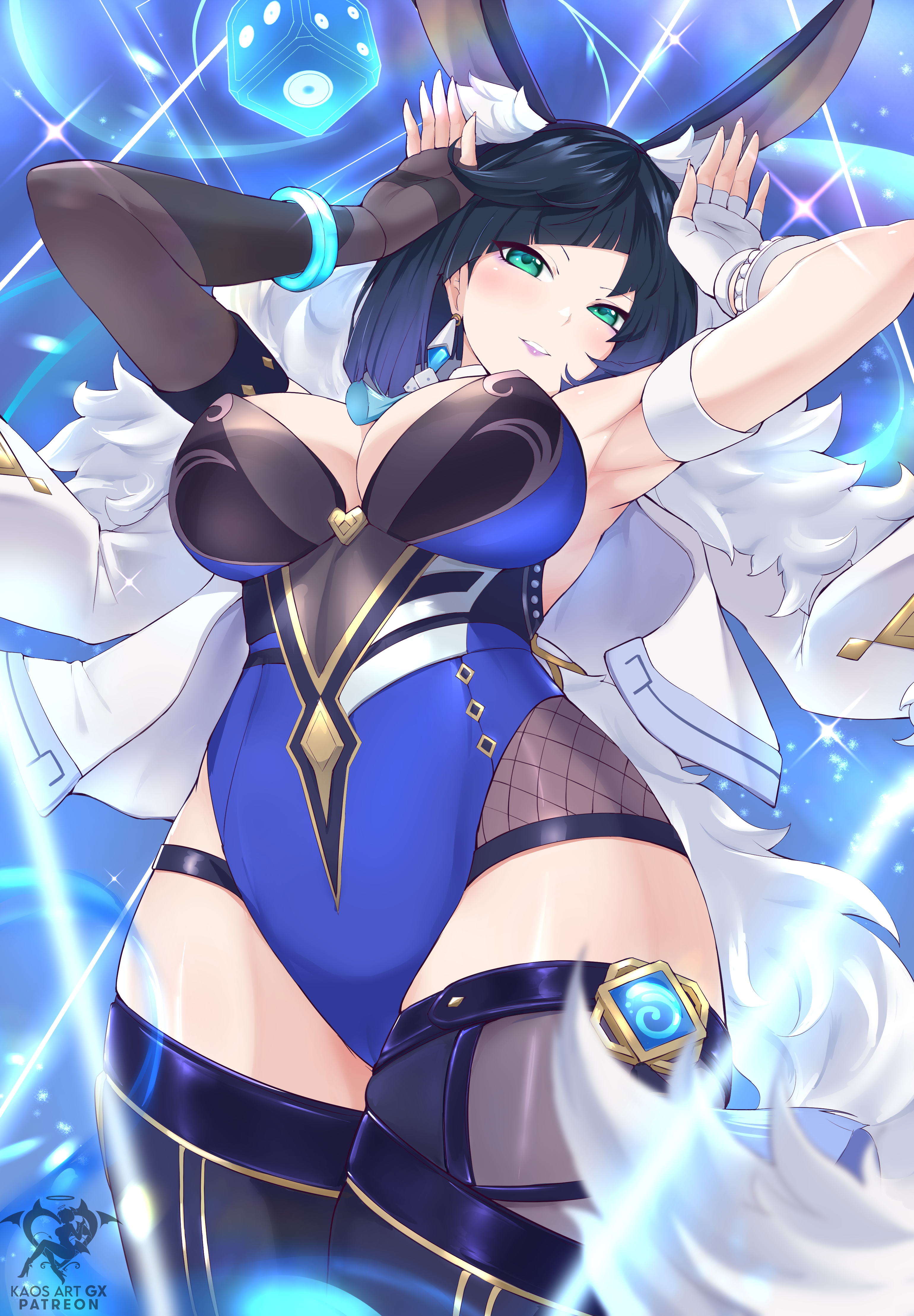 1girls, 2022, black hair, blue leotard, blush, breasts, bunny ears, bunny girl, bunnysuit, female, female only, genshin impact, green eyes, hi res, highleg leotard, hips, kaos art, large breasts, leotard, lying on back, short hair, slim waist, smile, thick thighs, thighs, wide hips, yelan (genshin impact)