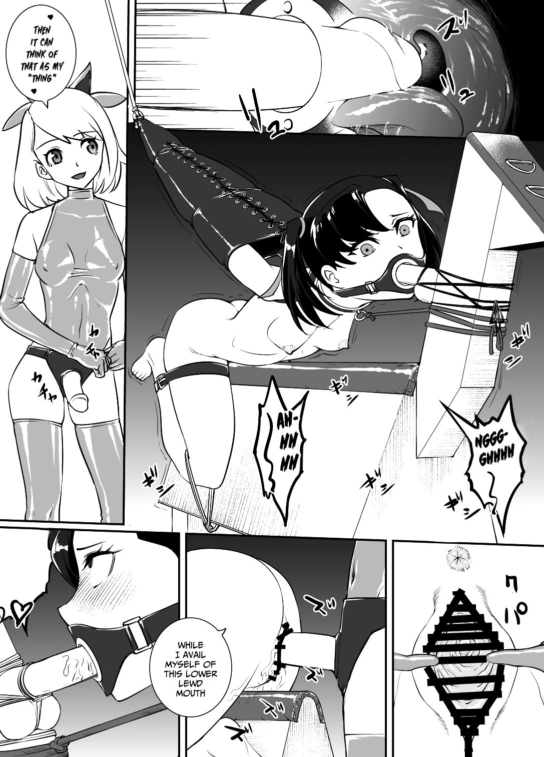 bodysuit, bondage, censored, collar, female, female only, gag, gloria (pokemon), latex, leash, machine, marnie (pokemon), pokemon, pokemon ss, sex toy, stockings, twintails, wooden horse, yuri