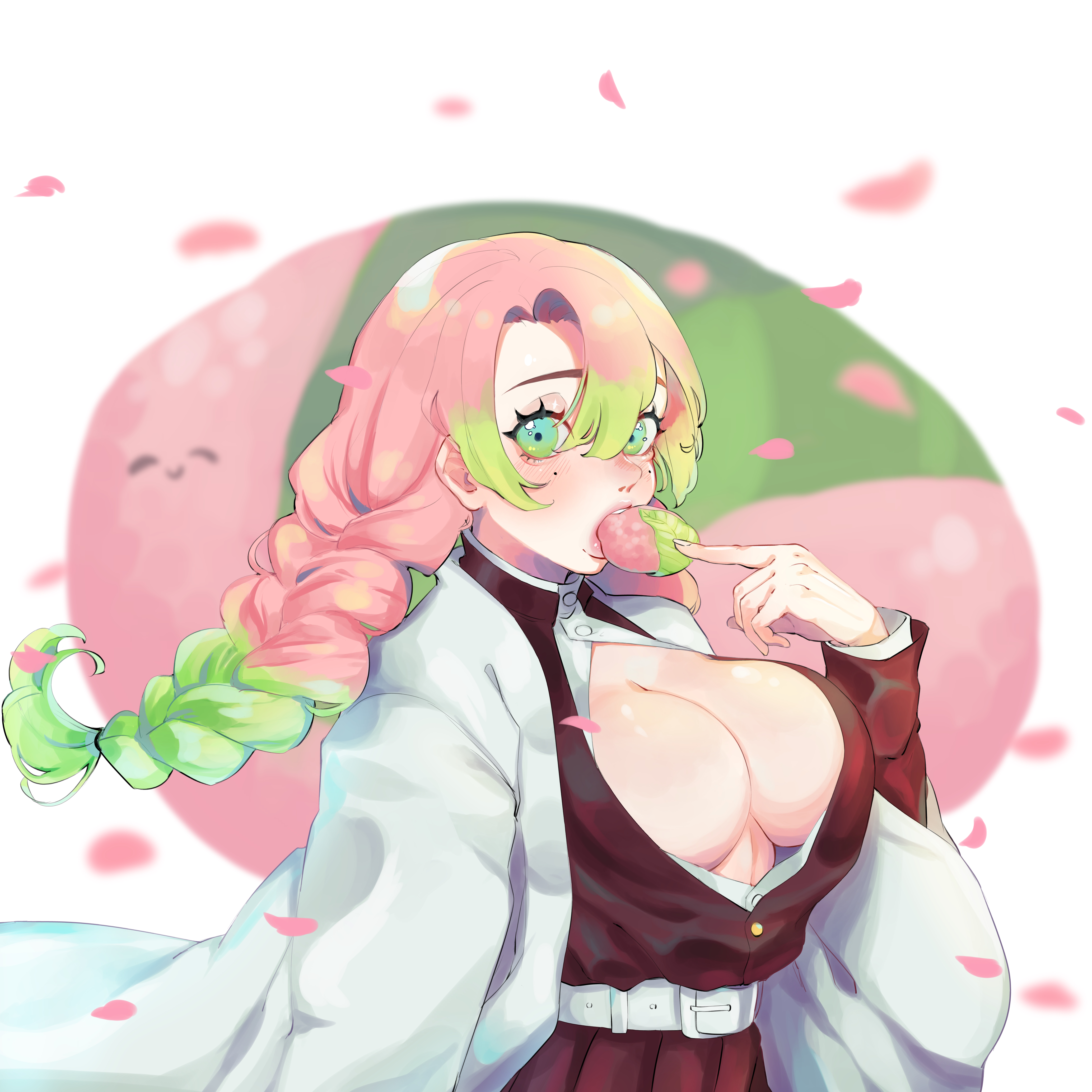 1girls, big breasts, braided hair, breasts, cleavage, demon slayer, eating, female, female only, green eyes, haori, kanroji mitsuri, kimetsu no yaiba, long hair, looking at viewer, mole under eye, no bra, open shirt, petals, pink hair, pink-haired female, solo, two-tone hair, uchujin desuuu, uniform, upper body
