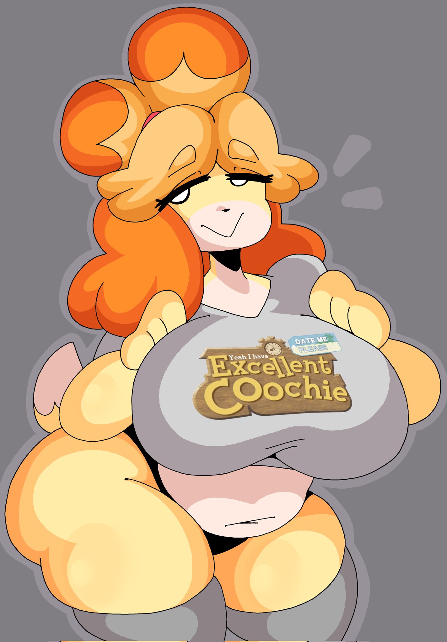animal crossing, anthro, big breasts, breasts, canid, canine, canis, clothing, dork boi, english text, female, fur, furry, furry only, isabelle (animal crossing), lewd dorky, nintendo, shih tzu, tagme, tail, text, thick thighs