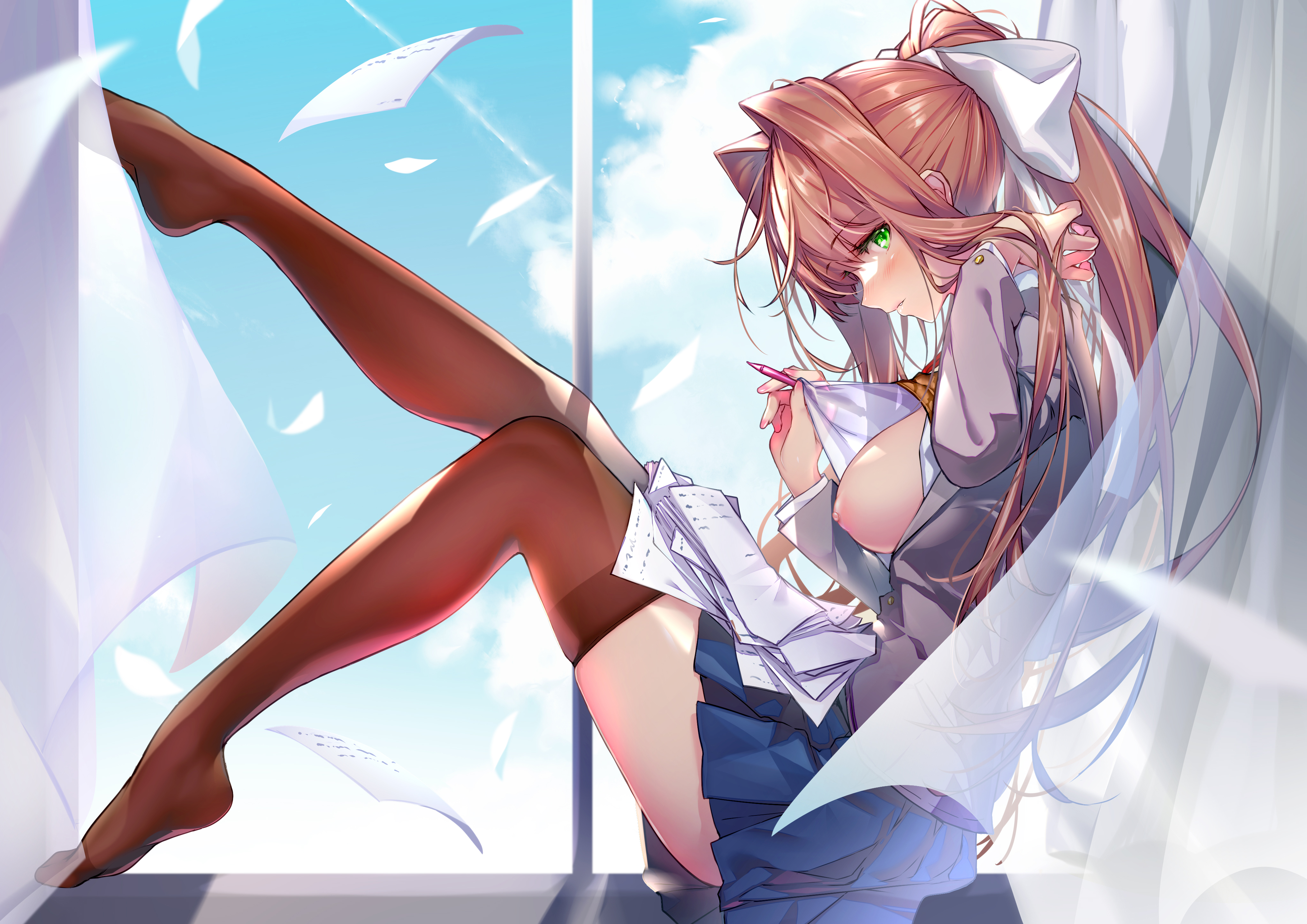 1girls, absurd res, absurdres, areolae, blush, breasts, breasts out, doki doki literature club, eye contact, female, female focus, female only, green eyes, hair ribbon, hong (white spider), legwear, long hair, looking at viewer, monika (doki doki literature club), nipples, school uniform, schoolgirl, slq, solo, solo female, teenage female, teenager, thighhighs, thighs