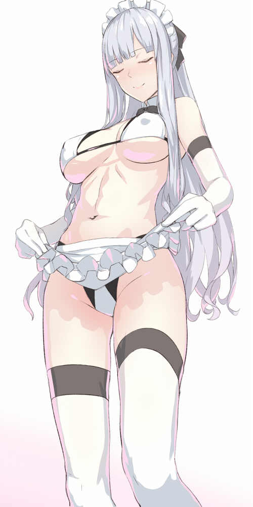 ak-12_(girls'_frontline) apron apron_lift bangs bikini blush breasts breasts_apart closed_eyes covered_nipples eyebrows_visible_through_hair feet_out_of_frame female girls'_frontline groin kageshio_(276006) large_breasts long_hair maid_apron maid_bikini maid_headdress navel sidelocks silver_hair smile solo swimsuit thighhighs two-tone_bikini