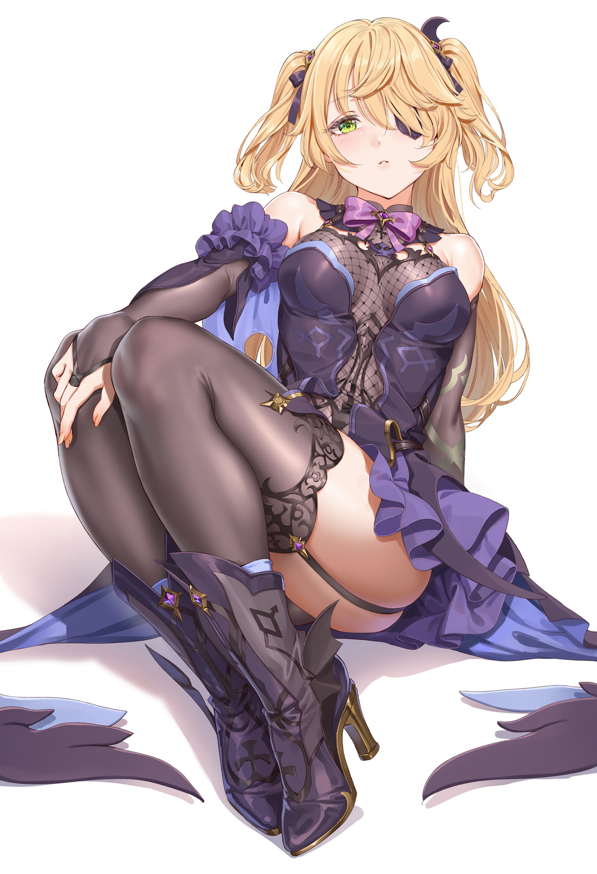 1girls, breasts, fangxiang cuoluan, female, fischl (genshin impact), genshin impact, high heel boots, high heels, legs, legwear, thick thighs