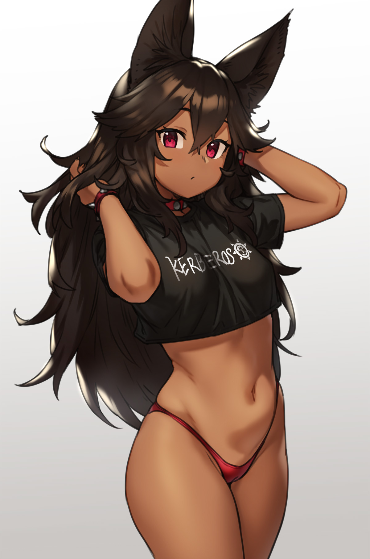 1girls, animal ear fluff, animal ears, bangs, black shirt, breasts, brown hair, cameltoe, cerberus (houtengeki), cleft of venus, closed mouth, clothes writing, collar, cowboy shot, crop top, dark skin, dark-skinned female, dog ears, female, female only, gradient, gradient background, grey background, hair between eyes, hands in hair, hands up, hi res, highres, houtengeki, long hair, looking at viewer, navel, no pants, original, panties, pussy, red eyes, red panties, shirt, short sleeves, simple background, small breasts, solo, spiked collar, spikes, stomach, underwear