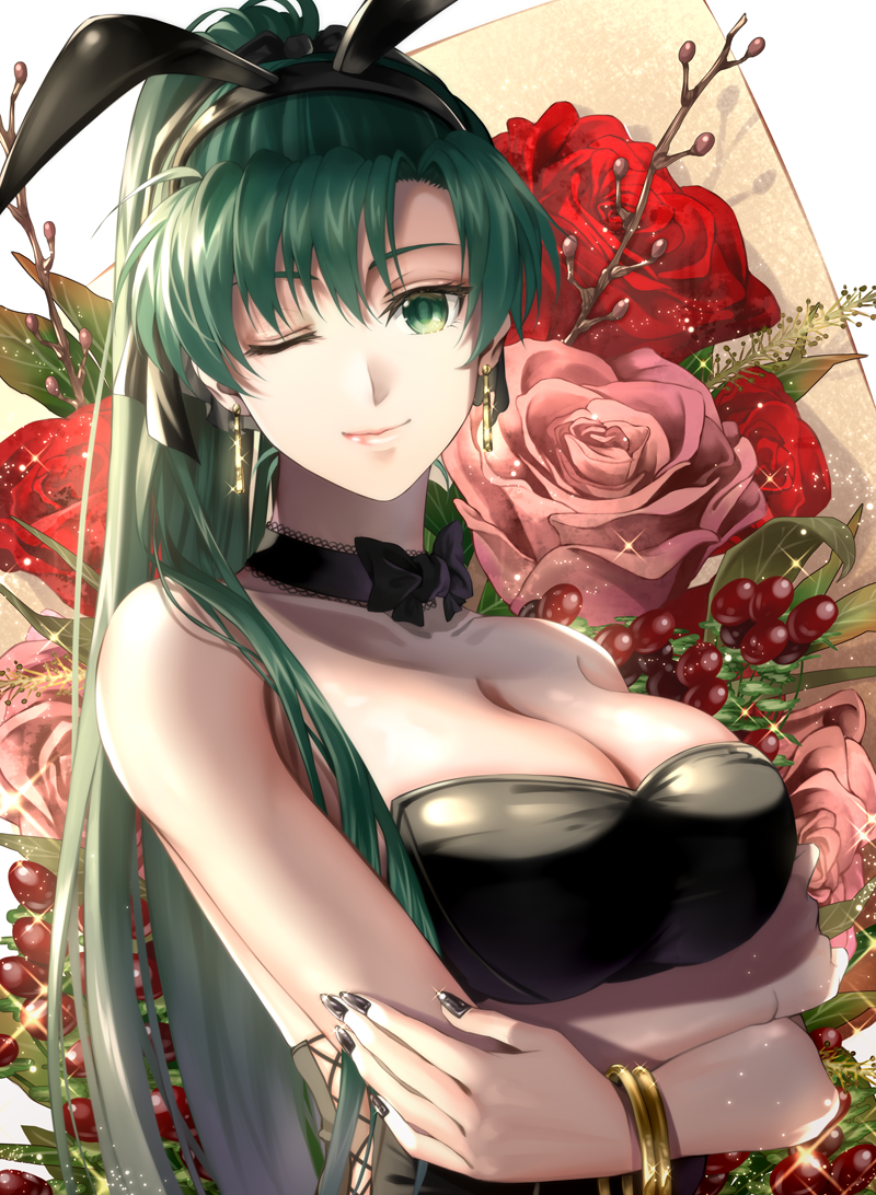 black_nails bunny_ears bunnysuit cleavage delsaber fire_emblem fire_emblem:_the_blazing_blade green_hair large_breasts lyn_(fire_emblem)