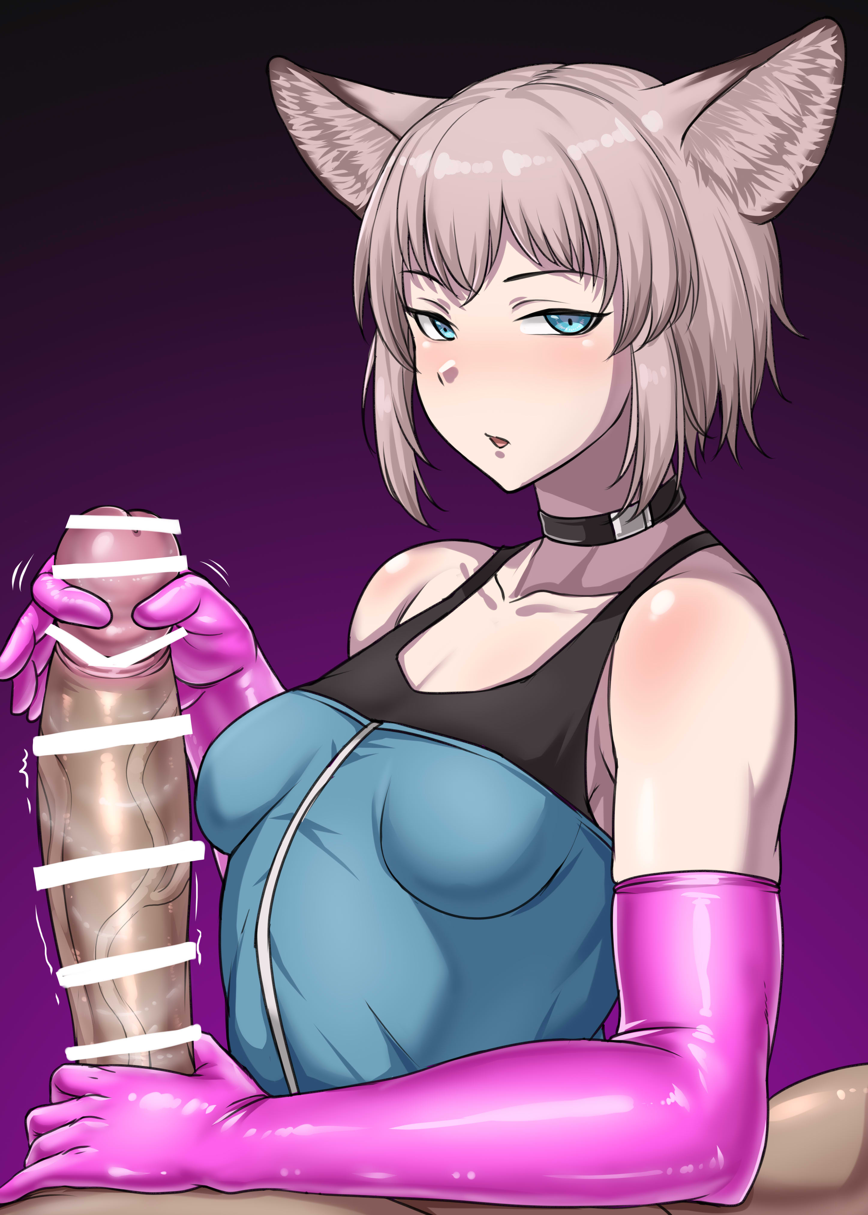 1boy, 1girls, animal ears, arknights, bar censor, blue eyes, blush, censored, dark skin, dark-skinned male, elbow gloves, erection, female, glans stimulation, gloved handjob, gloves, handjob, huge cock, kemonomimi, light skin, light-skinned female, looking at viewer, love321, male, male pov, male/female, penis, pink gloves, pov, pov eye contact, sussurro (arknights), veiny penis