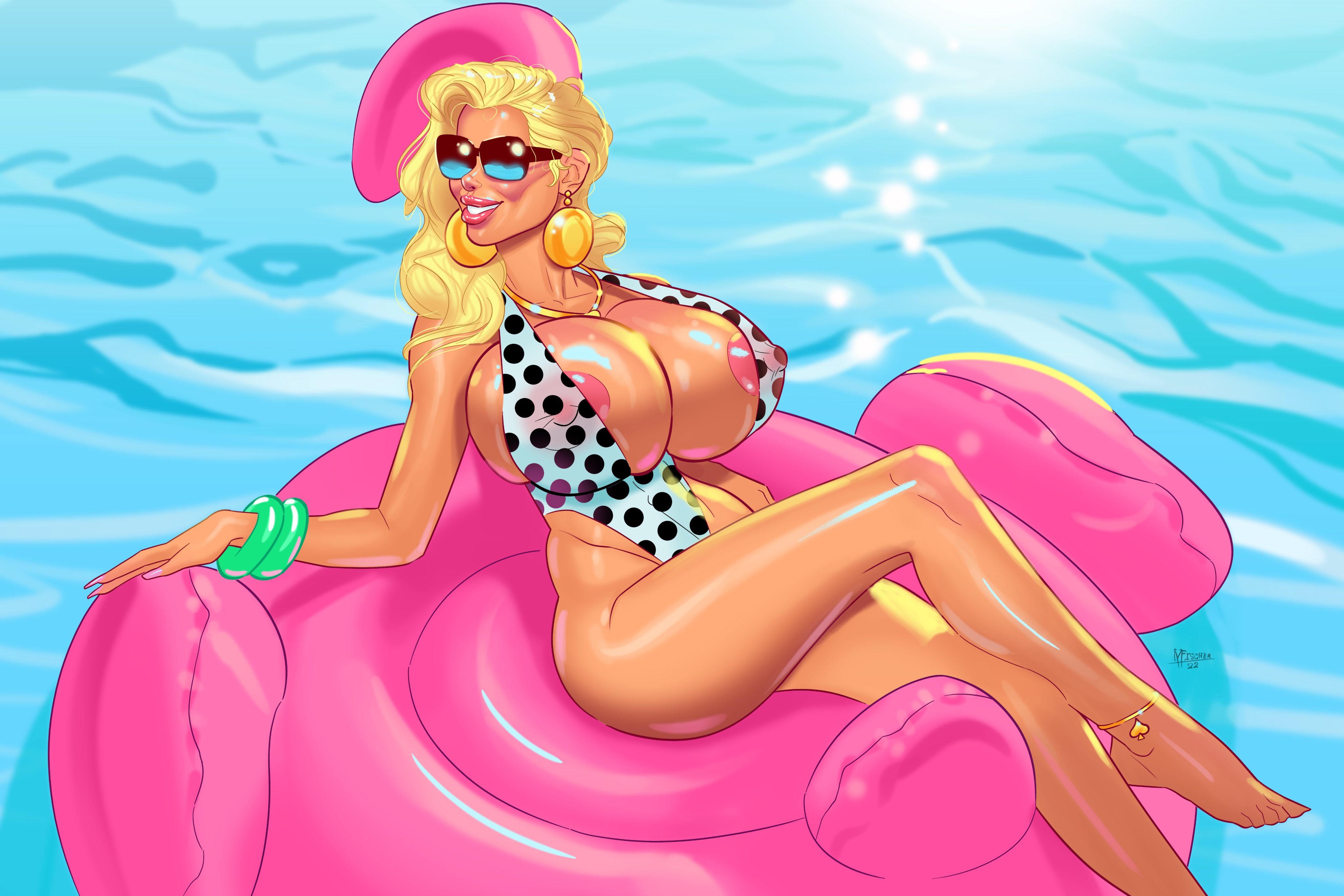 1girls, areolae, ass, bare legs, barefoot, bikini, bimbo, blonde hair, bracelet, breasts, bubble ass, bubble butt, busty, cleavage, coxville stories, earrings, erect nipples, female, female focus, female only, hourglass figure, jenny summers, jewelry, long hair, makeup, meinfischer, necklace, nipple bulge, nipples, pinup, pinup pose, pool, solo, swimming pool, swimsuit, tagme, wide hips