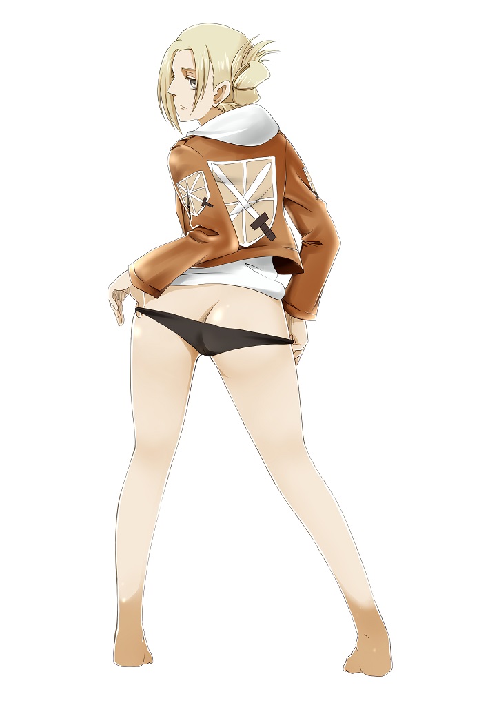 1girls, annie leonhardt, ass, attack on titan, black panties, blonde hair, female, hijiritukasa, looking at viewer, looking back, panties, panties down, partially clothed, shingeki no kyojin, short hair, tied hair