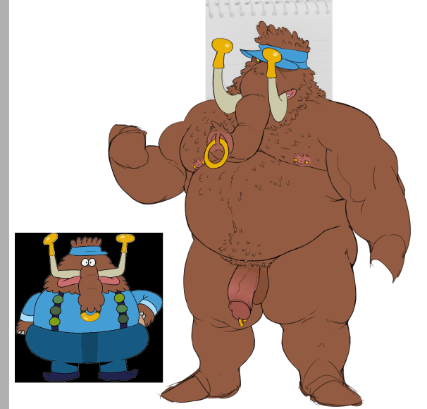 2022 anthro balls belly big_belly brown_body cartoon_network chowder_(series) elephant elephantid facial_piercing flaccid gazpacho_(chowder) genital_piercing genitals humanoid_genitalia humanoid_penis male male_only mammal moobs nipples nose_piercing nose_ring overweight overweight_male penis penis_piercing piercing prince_albert_piercing proboscidean solo wkd