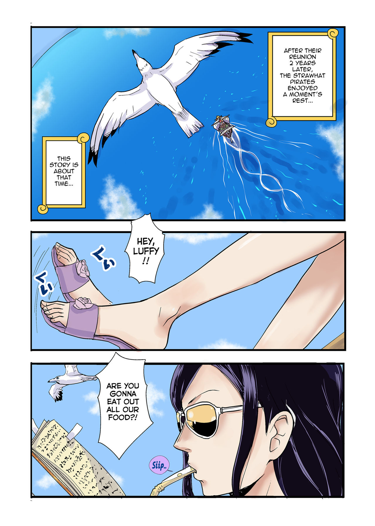 ass, big ass, big butt, bikini, blue eyes, doujin, doujinshi, female, female only, huge ass, huge butt, kakutou oukoku, large ass, long hair, nico robin, one piece, sunglasses, tinted eyewear, yellow-tinted eyewear