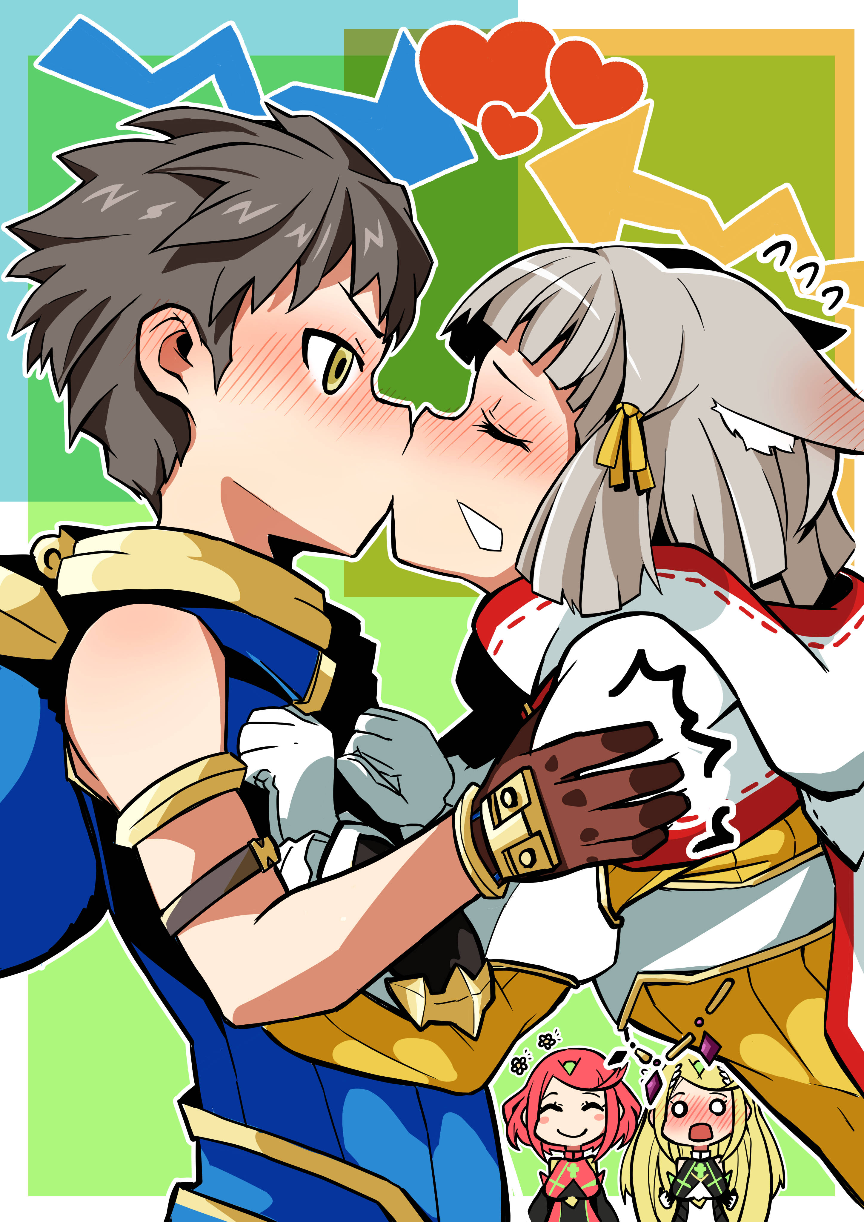 1boy, 3girls, animal ears, blonde hair, blush, brown hair, cat ears, female, gold eyes, kissing, male, mythra, nia, nia (xenoblade), nightwitch, pyra, red hair, rex (xenoblade), silver hair, tagme, xenoblade (series), xenoblade chronicles 2