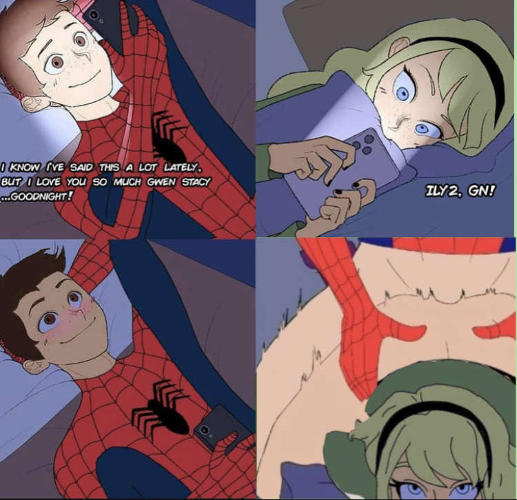 1boy, 1girls, blonde hair, comic, doggy style, edit, female, gwen stacy, gwen stacy (classic), hairband, male, marvel, marvel comics, meme, one of those nights, peter parker, phone, sex, spider-man, spider-man (series), straight, straight hair, tagme