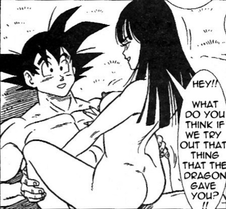 1boy, 1girls, cheating (relationship), cheating husband, cowgirl position, cropped, cropped image, dragon ball, dragon ball (classic), dragon ball z, english text, eye contact, female, long hair, lying, mai (dragon ball), male, male/female, monochrome, muscular, muscular male, nude, nude female, nude male, on back, sex, son goku, speech bubble, spiked hair, squatting cowgirl position, straight, straight sex