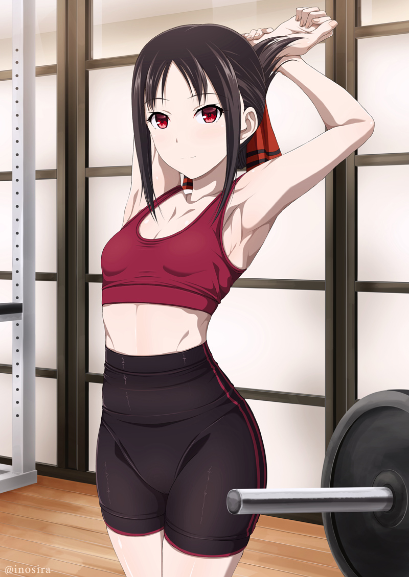 armpits arms_up bangs barbell bare_shoulders black_hair black_shorts breasts cleavage closed_mouth collarbone female hair_ribbon high-waist_shorts indoors inoshira kaguya-sama_wa_kokurasetai_~tensai-tachi_no_renai_zunousen~ legs_together looking_at_viewer pantylines parted_bangs red_eyes red_ribbon red_sports_bra ribbon shinomiya_kaguya shorts small_breasts solo sports_bra sportswear standing stretch striped striped_shorts thighs twitter_username vertical-striped_shorts vertical_stripes