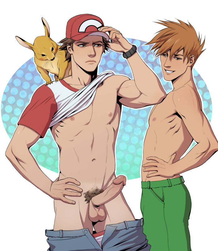 2boys abs armpits balls bangs biceps blue_(pokemon) brown_eyes brown_hair cap erection foxbravo gay hand_on_head hand_on_hip looking_at_penis male_only muscular_male nipples pants_down partially_clothed_male pecs penis_out pikachu pokémon_(species) pokemon pubic_hair red_(pokemon) shirt_lift shirtless simple_background