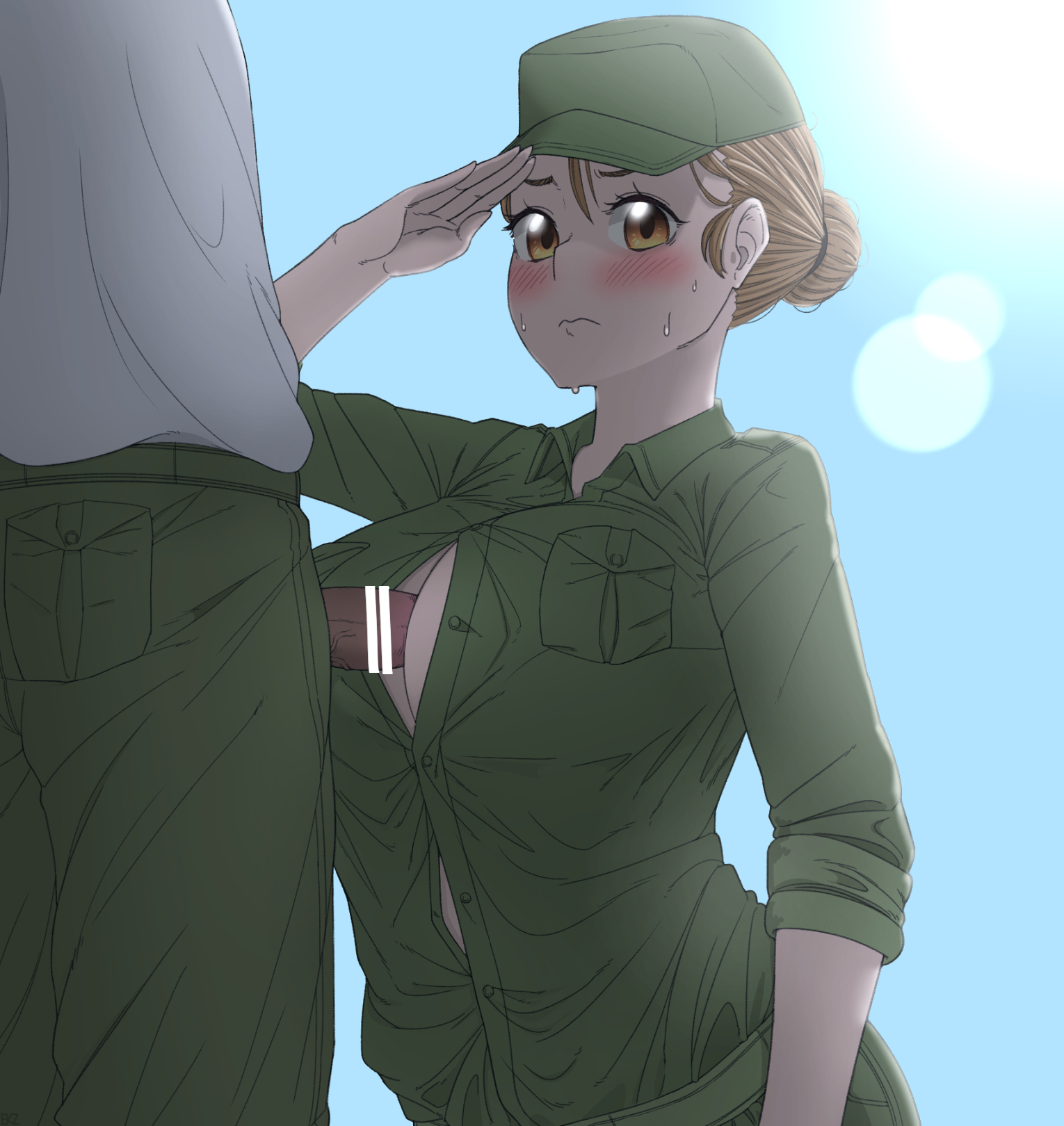 1boy, 1girls, blush, breasts, censored, clothing, ekz, female, large breasts, male, military, military uniform, paizuri, paizuri under clothes, salute, sweat, titfuck