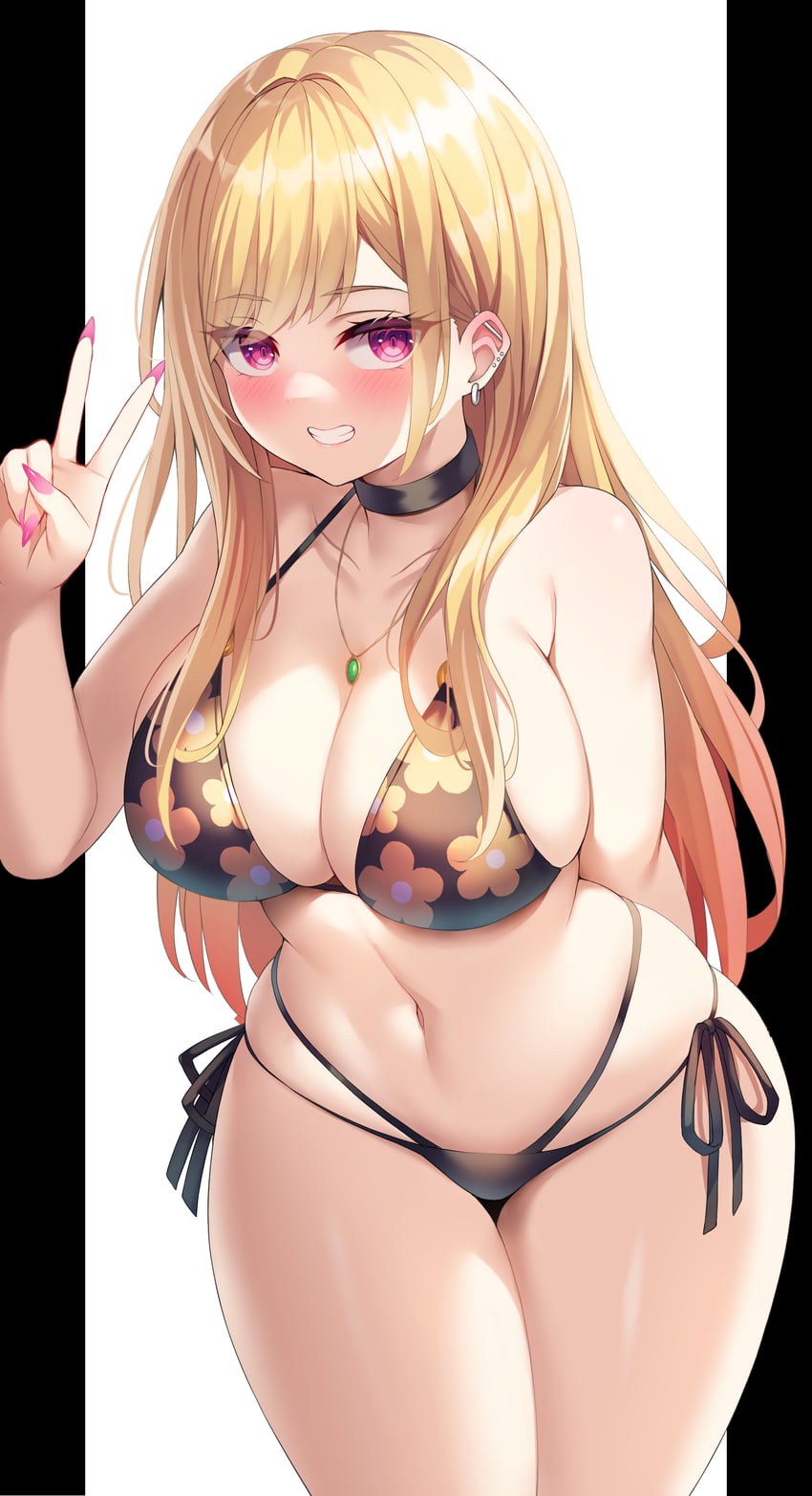 1girls arm_behind_back big_breasts bikini blonde_hair blush breasts collar curvy earrings female female_only flower_bikini kitagawa_marin long_hair multicolored_hair nail_polish nano_(syoutamho) narrow_shoulders navel pink_eyes side-tie_bikini skimpy smile solo sono_bisque_doll_wa_koi_wo_suru string_bikini thick_thighs v_sign wide_hips