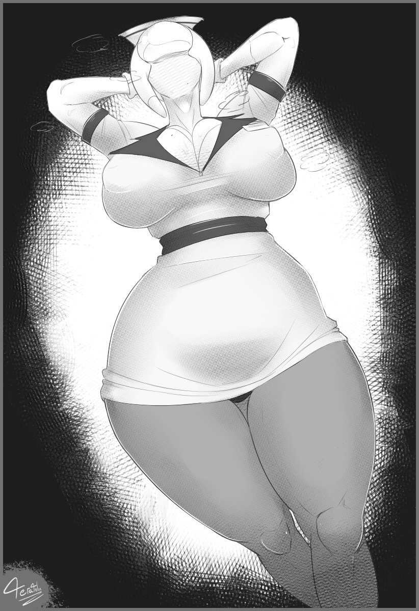 2d 2d_(artwork) arms_up big_breasts bubble_head_nurse cleavage curvaceous curvy faceless female female_only hands_behind_head huge_breasts humanoid low-angle_view monochrome monster_girl name_tag nipple_bulge nurse nurse_(silent_hill) nurse_cap nurse_uniform ruru-raida short_dress silent_hill silent_hill_2 solo thick_thighs thigh_gap voluptuous wide_hips