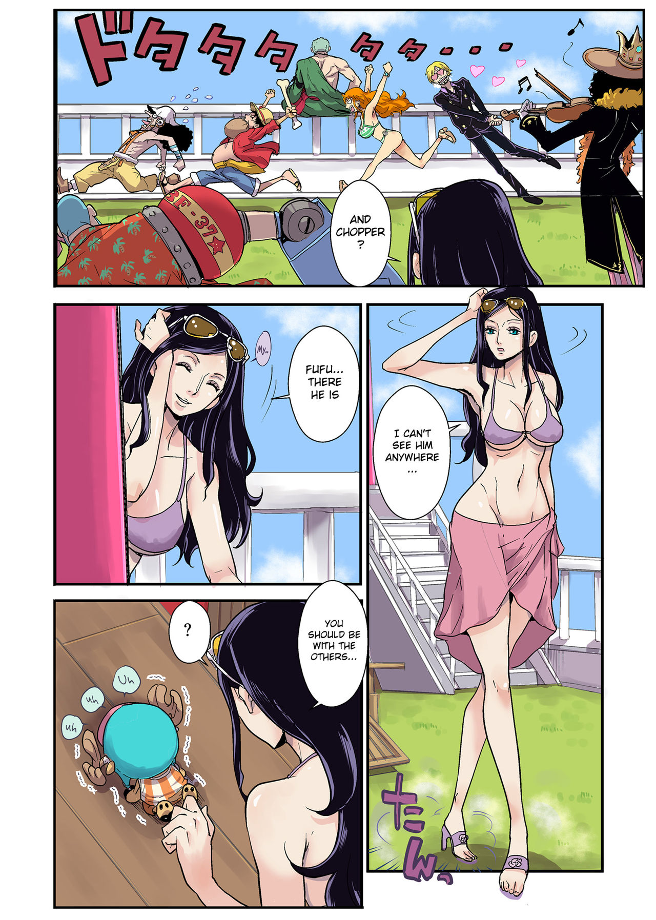 ass, big ass, big butt, bikini, blue eyes, brook, doujin, doujinshi, eyewear on head, female, franky, huge ass, huge butt, kakutou oukoku, large ass, long hair, male, monkey d luffy, nami (one piece), nico robin, one piece, post-timeskip, roronoa zoro, text, tony tony chopper, usopp, vinsmoke sanji