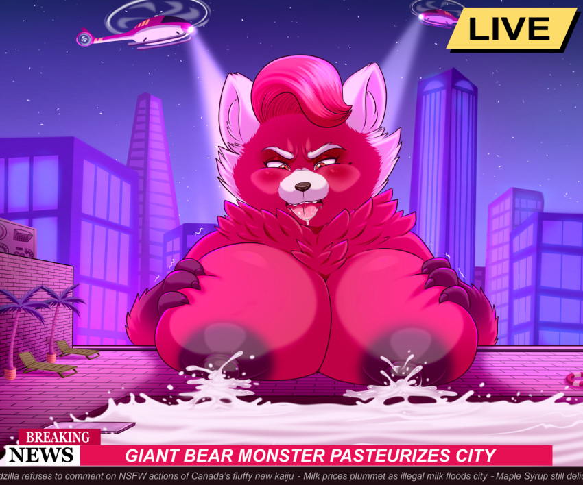 1girls, 2022, ailurid, anthro, anthro only, areola, big breasts, bodily fluids, breasts, disney, female, giantess, hi res, hyper breasts, kaiju, lactating, lonbluewolf, macro, mammal, milf, ming lee, nipples, pixar, red panda, solo, turning red