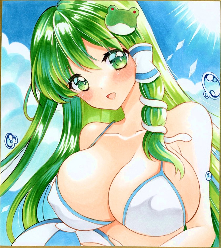 :d bikini blush breasts cleavage day female frog_hair_ornament green_eyes green_hair hair_ornament hair_tubes large_breasts long_hair looking_at_viewer marker_(medium) millipen_(medium) o_o1219 open_mouth sample_watermark sanae_kochiya shikishi smile snake_hair_ornament solo swimsuit touhou traditional_media upper_body