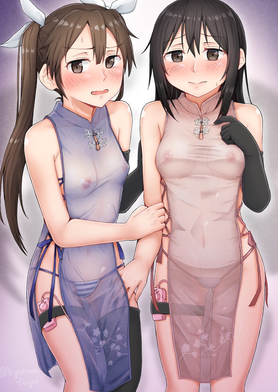 2girls black_hair blush blush_lines blushing breasts brown_eyes brown_hair chikuma_(kantai_collection) china_dress chinese_clothes clothed_masturbation clothing covered_erect_nipples dress elbow_gloves female gloves hair_between_eyes hair_ribbon hand_on_thigh highres kantai_collection long_hair looking_at_viewer masturbation medium_breasts no_bra onguuchi panties pussy_juice ribbon see-through sex_toy side-tie_dress single_glove single_thighhigh small_breasts stockings thigh_strap thighhighs tone_(kantai_collection) twintails underwear vibrator vibrator_under_clothes vibrator_under_panties white_ribbon